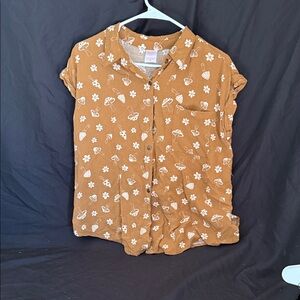 Chic Women's Button-Down Shirt - Brown Floral and Mushrooms